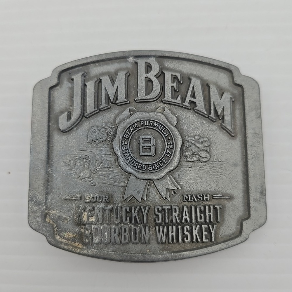 Collectible Vintage‎ Jim Beam Kentucky Bourbon Silver Tone Metal Belt Buckle !!!